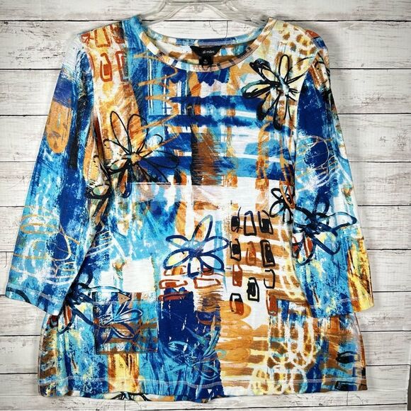 Ali Miles Blue/Copper Artsy Geometric Soft Knit Tunic Top w/Pocket XL - Picture 2 of 8